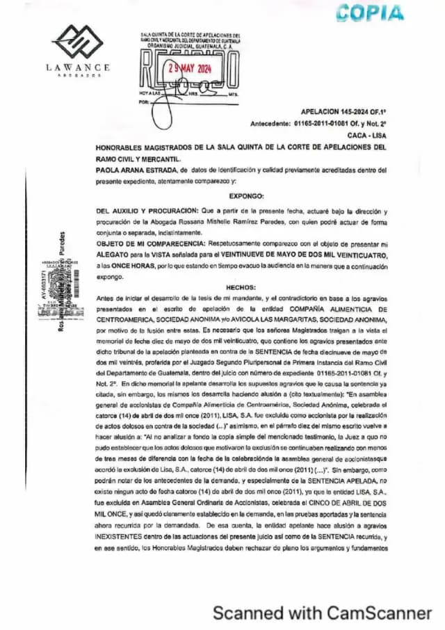 Lisa, S.A. presentó su alegato ante la Sala Quinta de Apelaciones demostrando que la prueba de Avícola Las Margaritas no vincula a Lisa con actos dolosos y que la exclusión fue extemporánea.