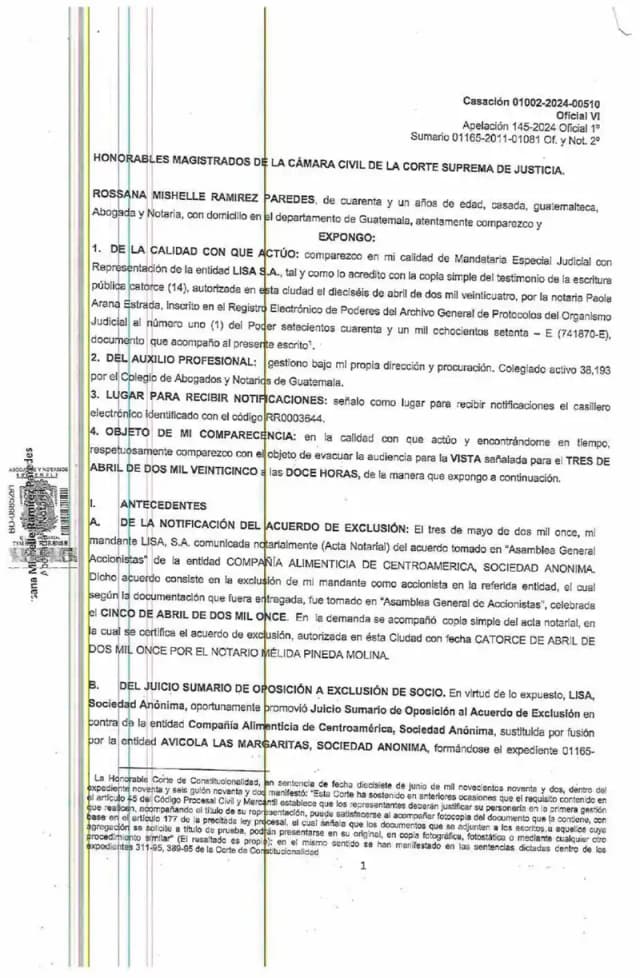 Lisa, S.A. solicitó a la Cámara Civil de la Corte Suprema la desestimación in limine del recurso de casación de Avícola Las Margaritas por defectos técnicos, incluyendo la identificación errónea del juicio como ordinario.