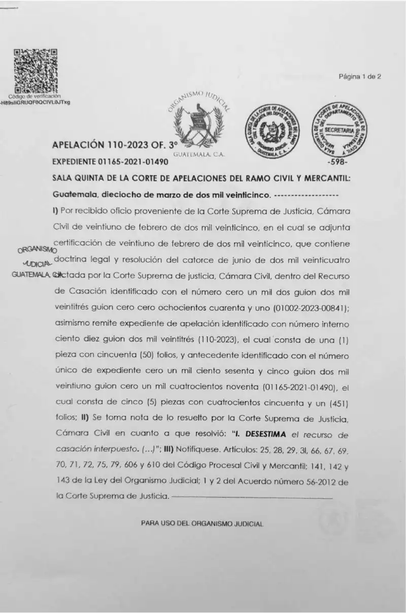 La Sala Quinta de la Corte de Apelaciones tomó nota de la desestimación del recurso de casación por la Corte Suprema de Justicia, cerrando definitivamente el juicio sumario de abuso de derecho promovido por Alimentos para Animales contra Lisa, S.A.