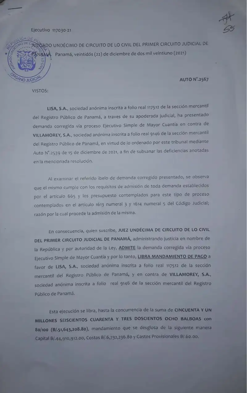 Panama's Eleventh Civil Court admitted Lisa, S.A.'s executive claim and issued a $51,643,208.80 payment order against Villamorey, S.A. for illegally retained dividends.