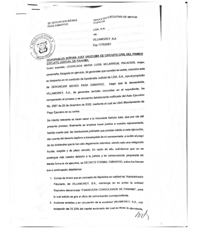 Lisa, S.A. targets specific Villamorey, S.A. assets in Panama, seeking attachment of fiduciary deposits, shares, and appointment of a judicial administrator for $51.6 million.