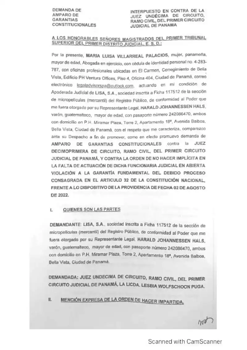 Lisa, S.A. presenta amparo constitucional contra la Juez Undécima de Circuito Civil por mantener paralizado el proceso ejecutivo de $51.6 millones durante más de dos meses, pese al efecto devolutivo de la apelación.