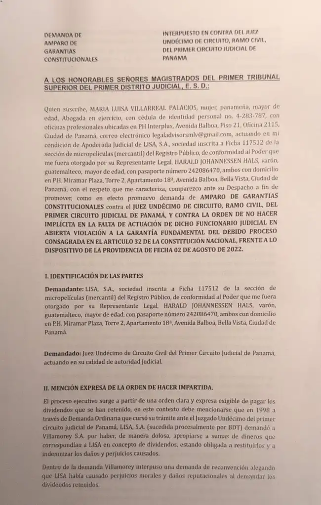 Lisa, S.A. interpone una segunda acción de amparo contra el Juzgado Undécimo Civil de Panamá por mantener paralizado el proceso ejecutivo de $51 millones pese al carácter no suspensivo de la apelación de Villamorey.