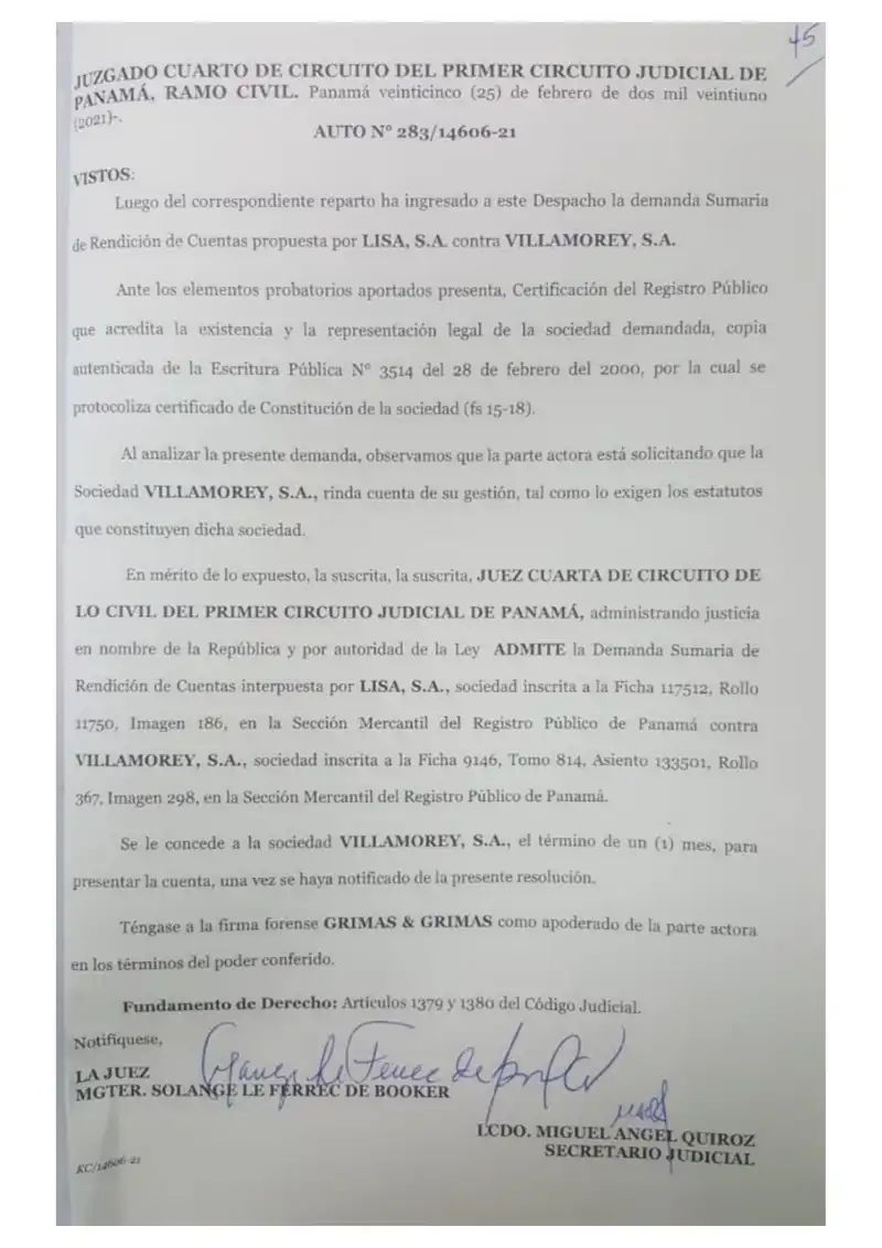 El Juzgado Cuarto de Circuito Civil de Panamá admite la demanda de Lisa, S.A. y ordena a Villamorey, S.A. rendir cuentas de su gestión societaria en el plazo de un mes.