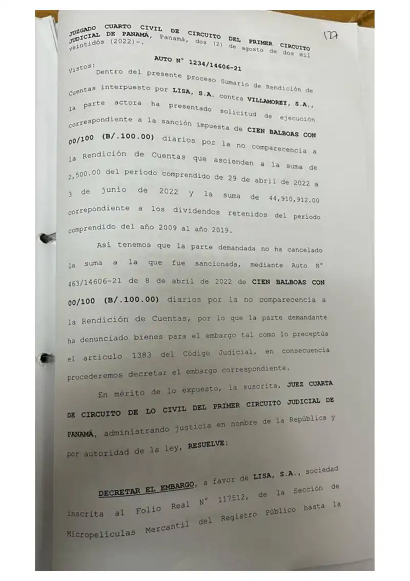 El Juzgado Cuarto Civil de Panamá embarga bienes de Villamorey, S.A. por $44,913,412.00, incluyendo dividendos retenidos de 2009 a 2019 y multas diarias por desacato.