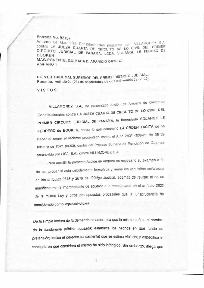 El Primer Tribunal Superior rechaza la acción de amparo de Villamorey, S.A. al determinar que la negativa tácita no existe en jurisdicción civil y que el verdadero acto impugnado era el auto de embargo por $44.9 millones.