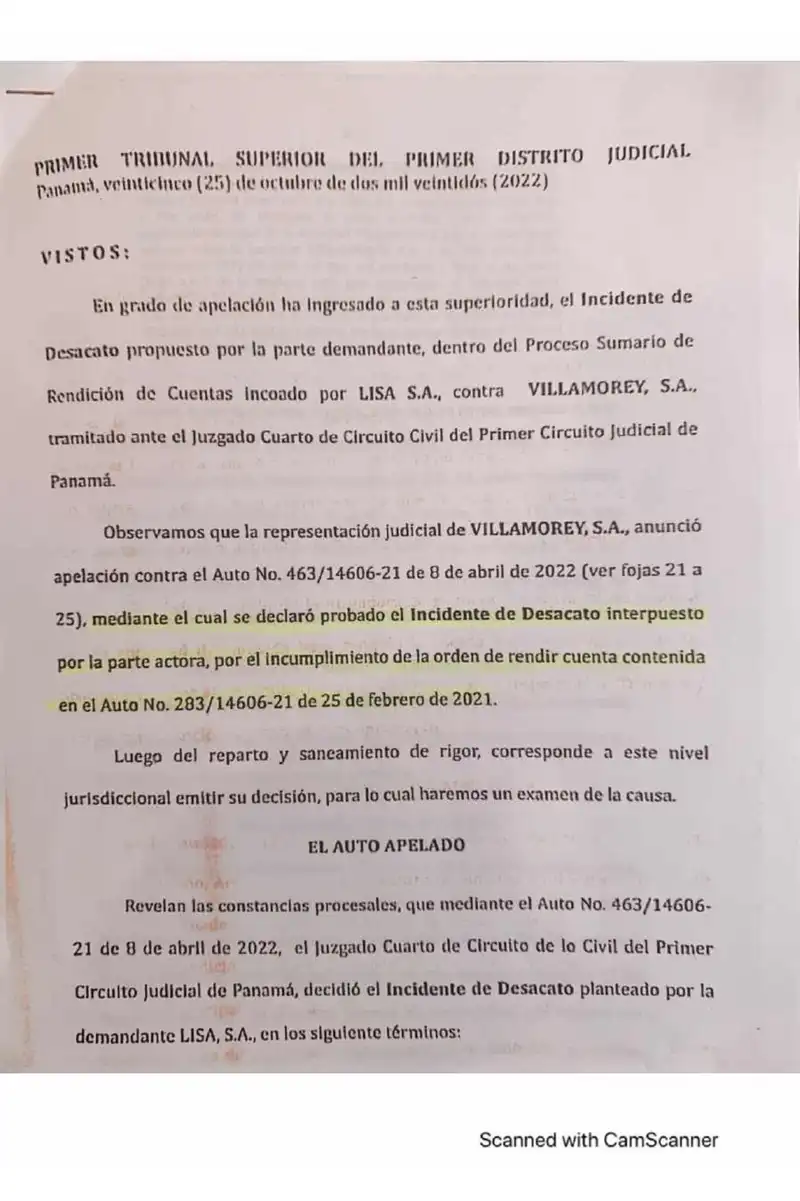 El Primer Tribunal Superior confirma el Auto No. 463 que declaró en desacato a Villamorey, S.A. por no rendir cuentas a Lisa, S.A., aunque reconoce que el artículo 1383 del Código Judicial prevé un mecanismo de ejecución distinto.