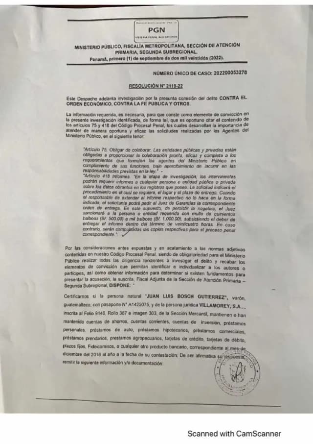La Fiscalía Metropolitana ordena a entidades bancarias certificar y remitir toda la información financiera de Juan Luis Bosch Gutiérrez y Villamorey, S.A. correspondiente al período 2018–2022.