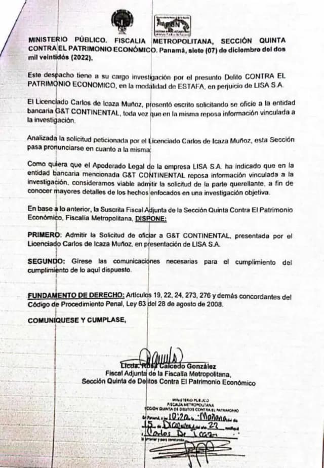 La Fiscalía Metropolitana ordena al Banco G&T Continental revelar todas las cuentas, productos bancarios y transferencias internacionales de Juan Luis Bosch Gutiérrez y Villamorey, S.A. desde diciembre de 2018.