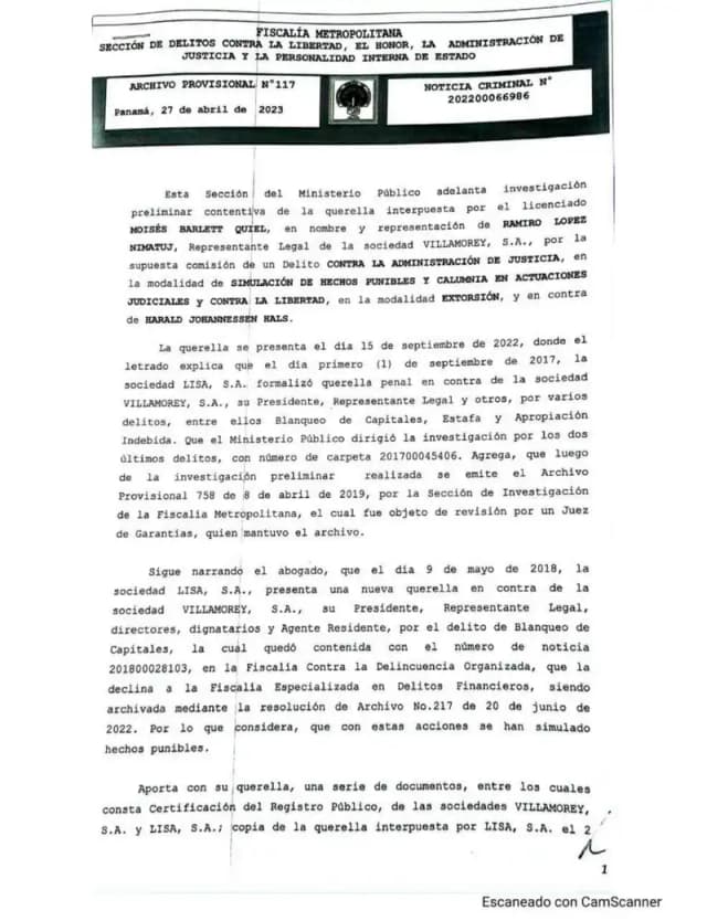 La Fiscalía Metropolitana archivó la querella de Villamorey, S.A. al determinar que las acciones legales de Lisa, S.A. surgieron de una disputa legítima por dividendos, sin configurar delito alguno.