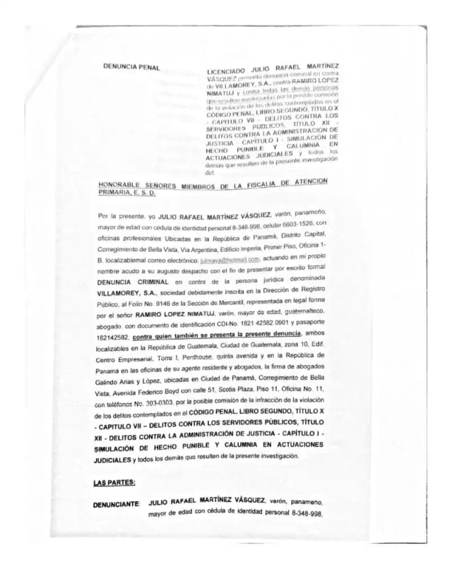 Julio Martínez denuncia que Villamorey y Galindo, Arias y López presentaron una querella penal contra la juez del Juzgado Cuarto Civil para forzar la revocatoria del embargo dictado en el proceso de rendición de cuentas de Lisa, S.A.