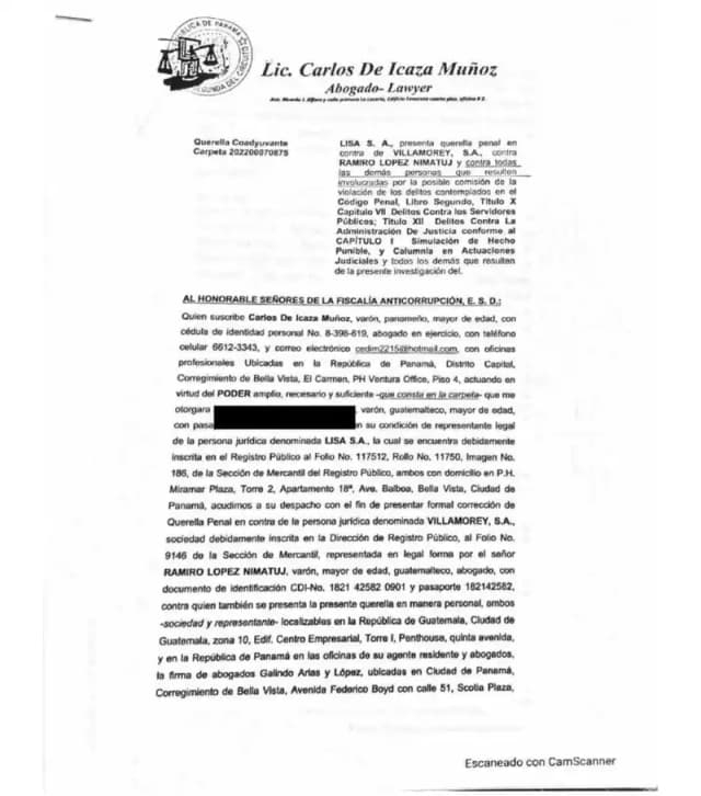 Lisa, S.A. presenta querella penal contra Villamorey, S.A. ante la Fiscalía Anticorrupción por intimidar a la juez del Juzgado Cuarto Civil para revocar un embargo de $44.5 millones en el proceso de rendición de cuentas.