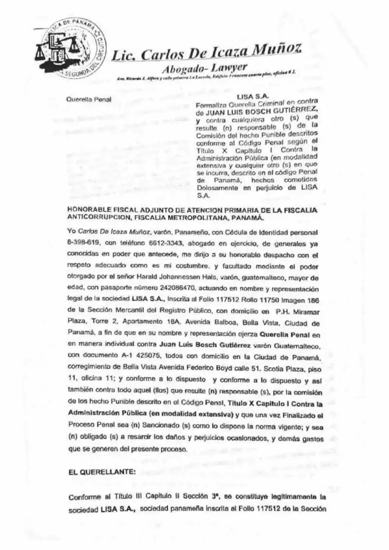 Lisa, S.A. presenta querella penal ante la Fiscalía Anticorrupción de Panamá contra Juan Luis Bosch Gutiérrez por apropiación indebida de dividendos por $70 millones como depositario judicial de Villamorey, S.A.