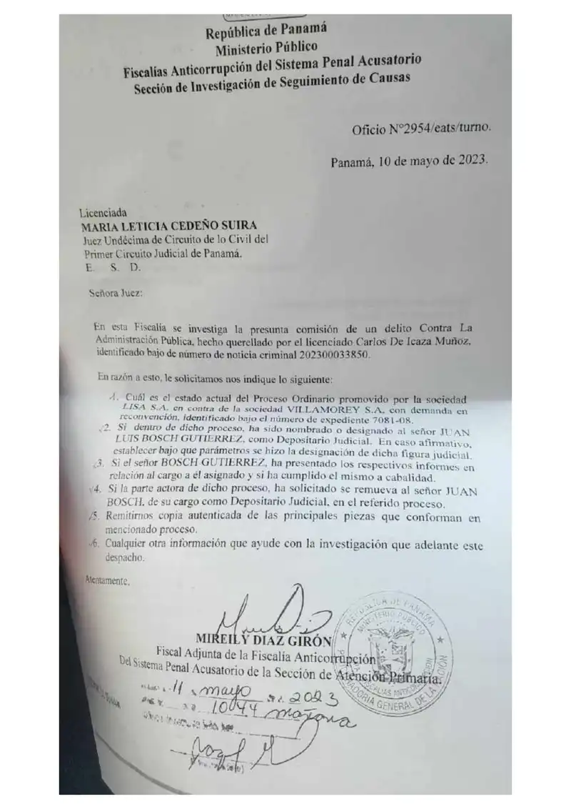 La Fiscalía Anticorrupción solicita al Juzgado Undécimo Civil información sobre el proceso ordinario Lisa vs. Villamorey y el desempeño de Juan Luis Bosch Gutiérrez como depositario judicial.