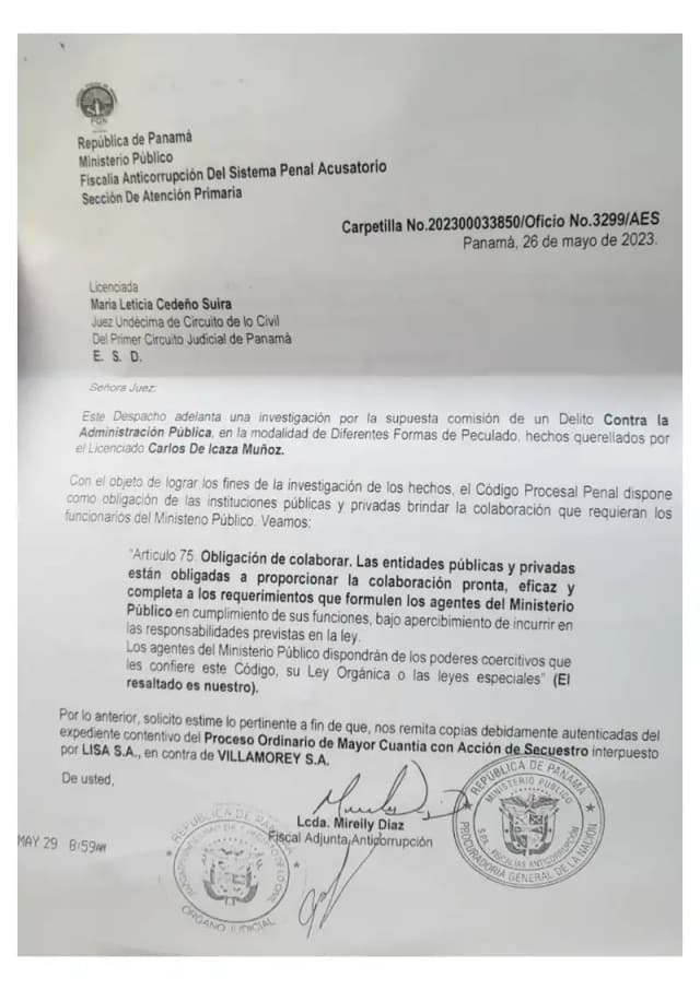 La Fiscalía Anticorrupción solicita al Juzgado Undécimo Civil copias autenticadas del expediente del proceso ordinario con secuestro de Lisa, S.A. contra Villamorey, S.A., como soporte documental de la investigación penal por peculado.