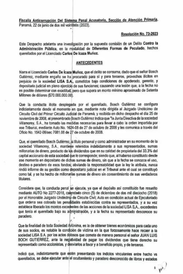 La Fiscalía Anticorrupción admitió la querella de Lisa, S.A. contra Juan Luis Bosch Gutierrez por apropiación indebida de dividendos por al menos $70,000,000.00 en su calidad de depositario judicial de Villamorey, S.A.