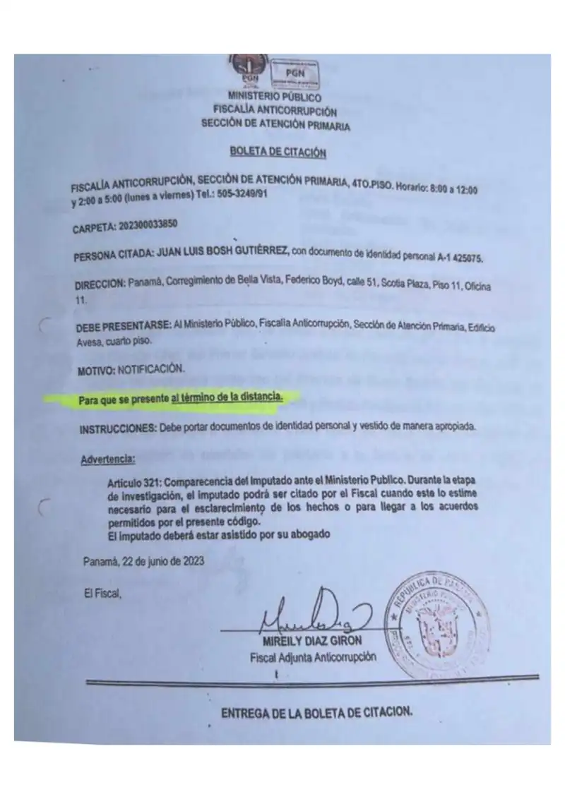 La Fiscalía Anticorrupción citó a Juan Luis Bosch Gutiérrez para notificación dentro de la investigación penal por peculado iniciada a querella de Lisa, S.A.