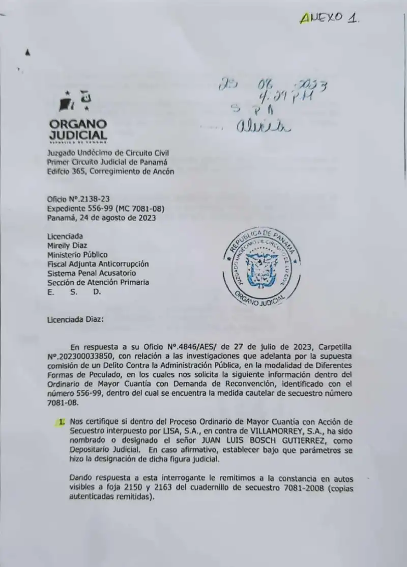 El Juzgado Undécimo de Circuito Civil certificó a la Fiscalía Anticorrupción que Juan Luis Bosch Gutiérrez fue designado depositario judicial en el Expediente 556-99 pero nunca presentó informe alguno sobre los bienes bajo su custodia.