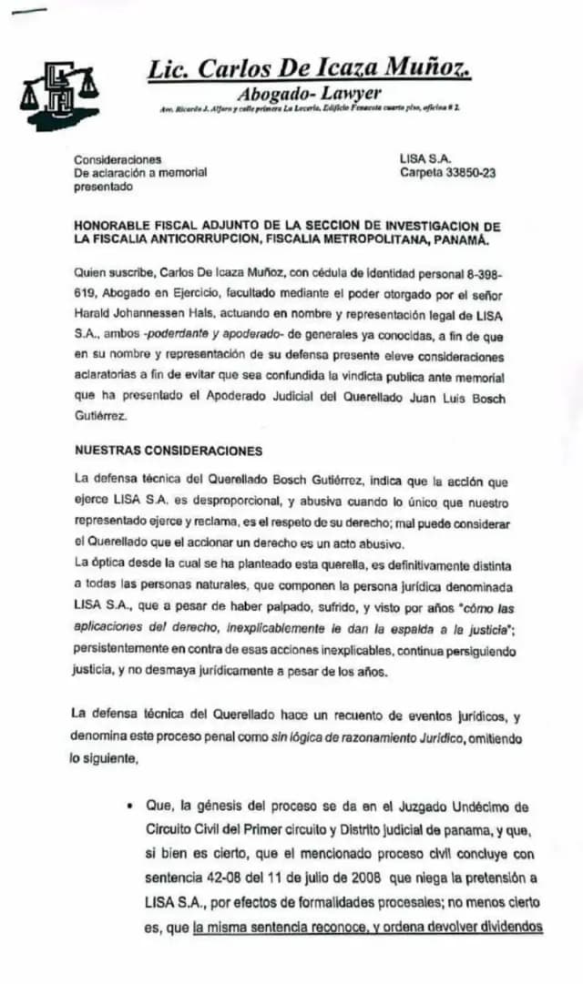 Lisa, S.A. presenta escrito aclaratorio ante la Fiscalía Anticorrupción rebatiendo las alegaciones de Bosch y reafirmando que nunca rindió informes ni devolvió los dividendos retenidos como depositario judicial.