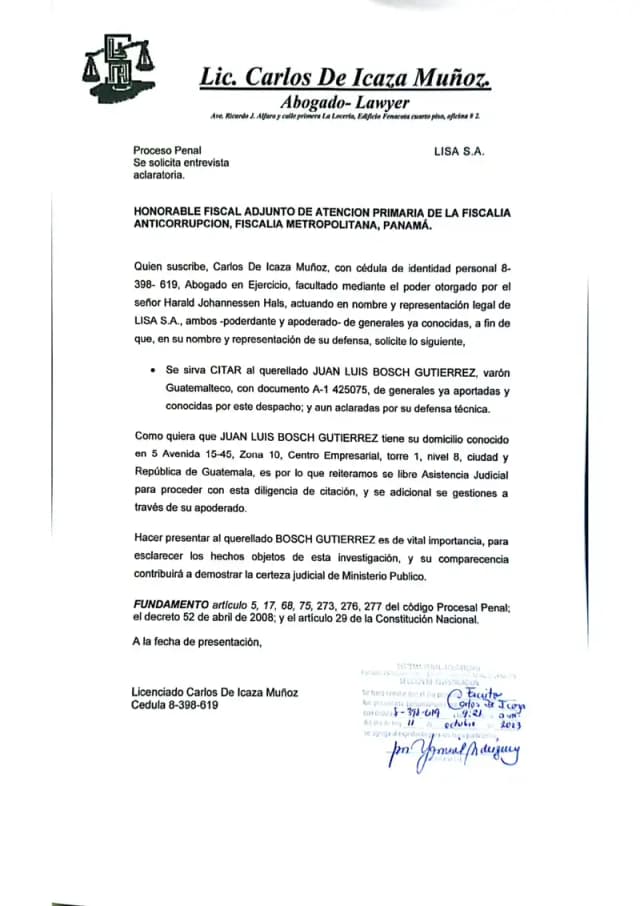 Lisa, S.A. solicita a la Fiscalía Anticorrupción que cite a Juan Luis Bosch Gutierrez a entrevista aclaratoria, requiriendo asistencia judicial internacional dado su domicilio en Guatemala.
