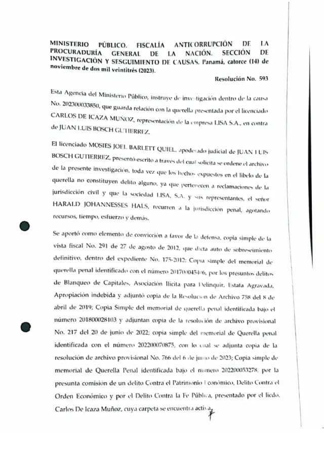 La Fiscalía Anticorrupción rechaza la solicitud de archivo de la defensa de Bosch, programa entrevista con un funcionario judicial y ordena a los juzgados civiles informar sobre procesos contra Lisa, S.A.