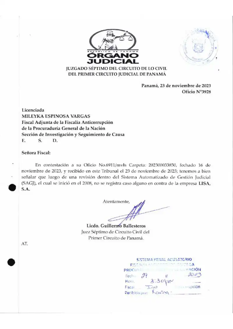 Diez juzgados civiles del Primer Circuito Judicial de Panamá informan a la Fiscalía Anticorrupción que no existe proceso civil alguno contra Lisa, S.A., y que los únicos expedientes que la involucran son los que ella misma promovió contra Villamorey, S.A.
