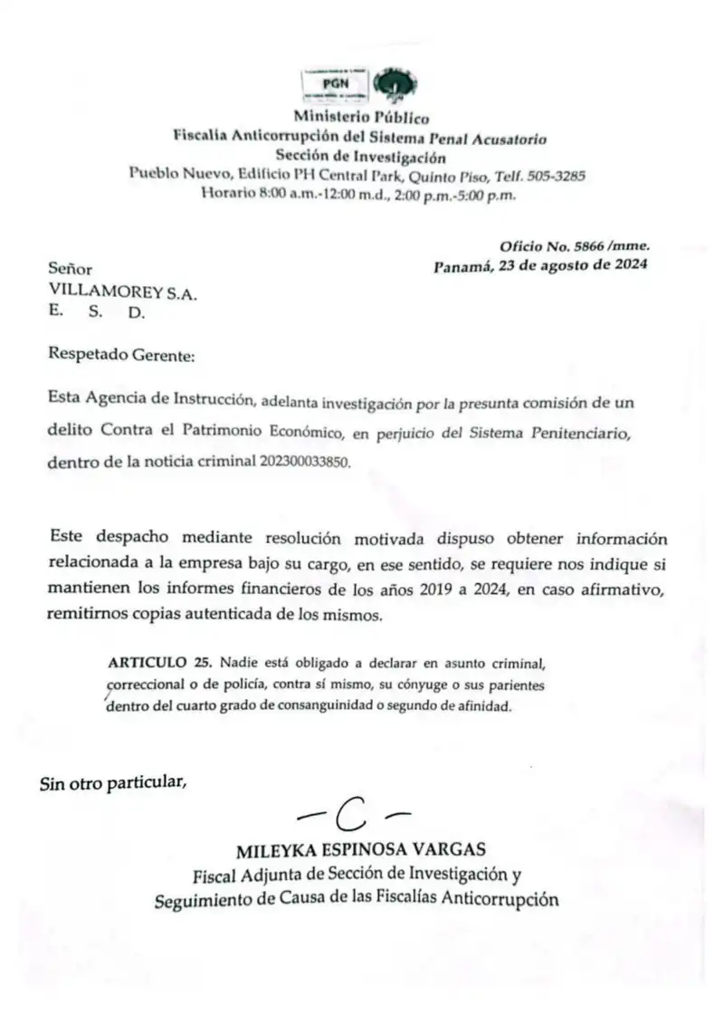 La Fiscalía Anticorrupción requiere formalmente a Villamorey, S.A. copias autenticadas de sus estados financieros 2019–2024 como parte de la investigación penal contra Bosch Gutierrez.