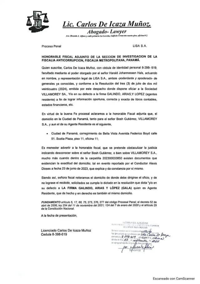 Lisa, S.A. confirmó ante la Fiscalía Anticorrupción el domicilio de Villamorey, S.A., Bosch Gutiérrez y GALA en Scotia Plaza, Panamá, para asegurar la entrega de los oficios que exigen registros financieros.
