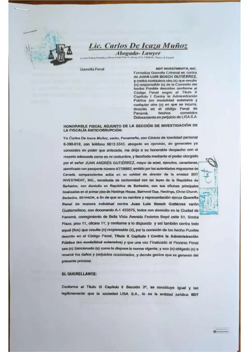 BDT Investments, Inc. se constituye como coquerellante ante la Fiscalía Anticorrupción de Panamá, acusando a Juan Luis Bosch Gutiérrez de peculado extensivo por retener dividendos de Lisa, S.A. como depositario judicial.