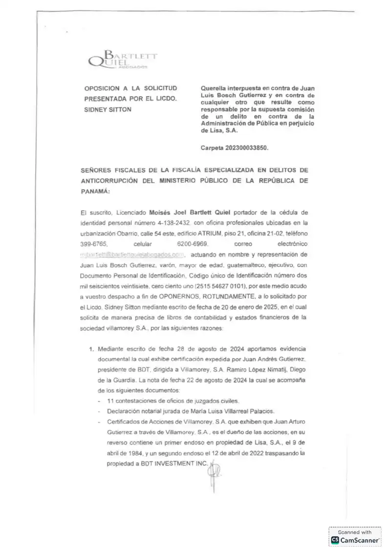 El abogado de Bosch presentó oposición a la solicitud de información financiera de Villamorey, admitiendo que Lisa cedió sus acciones a BDT Investments, Inc.