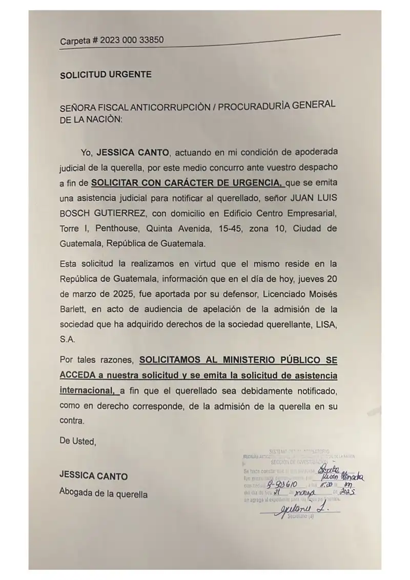 Lisa, S.A. solicitó con urgencia asistencia judicial internacional para notificar a Juan Luis Bosch Gutierrez en Ciudad de Guatemala, tras la confirmación de su dirección por su propio defensor.