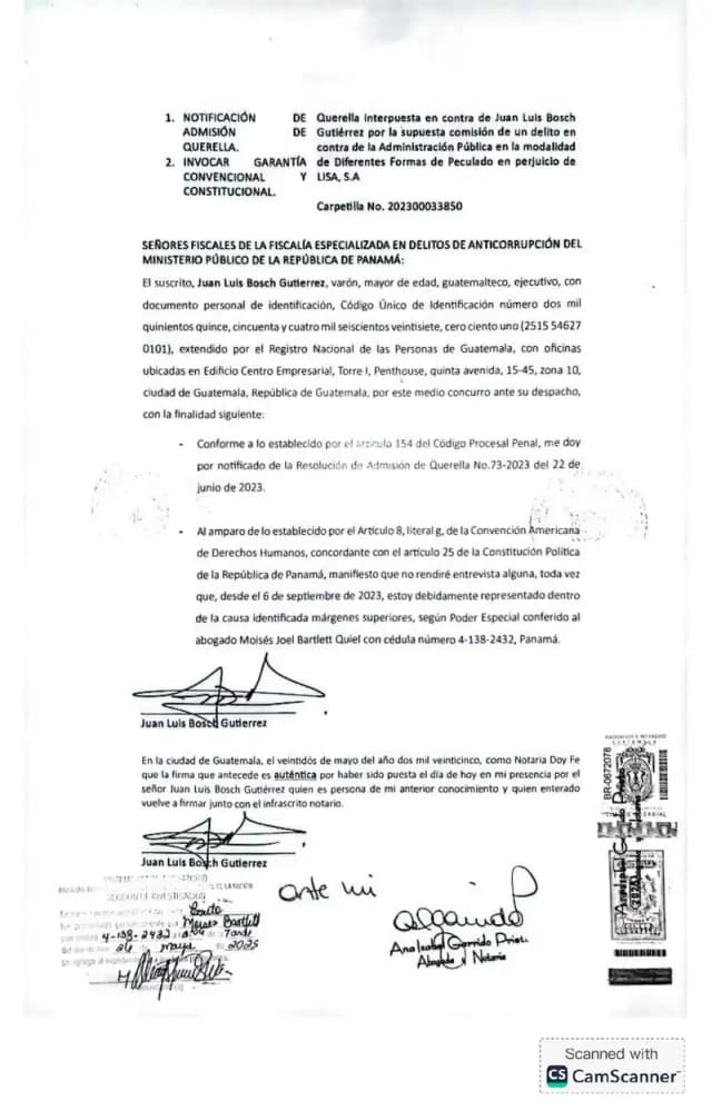Juan Luis Bosch Gutierrez se dio por notificado de la Resolución 73-2023 ante la Fiscalía Anticorrupción de Panamá e invocó su derecho constitucional a no rendir declaración.
