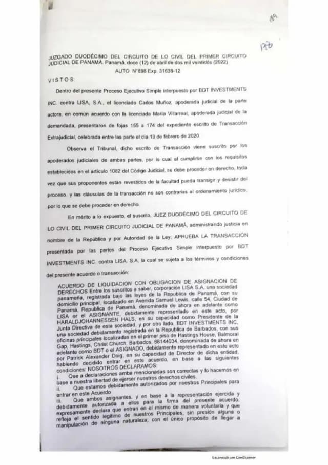 El Juzgado Duodécimo de lo Civil aprueba la transacción extrajudicial entre BDT Investments Inc. y Lisa, S.A., ordena el levantamiento total del embargo de $19,184,680.00 sobre las acciones, dividendos y fondos bancarios de Lisa, y da por terminado el proceso ejecutivo simple.