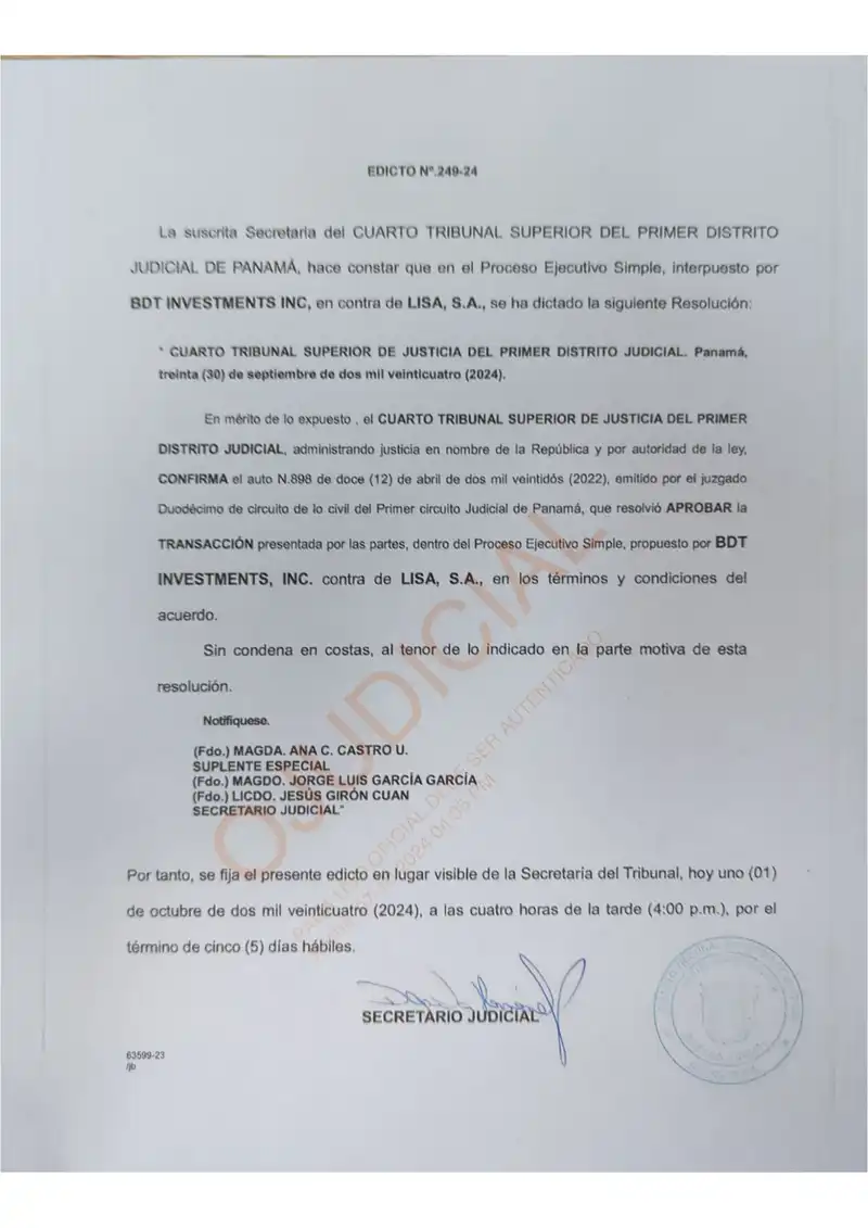 El Cuarto Tribunal Superior confirma el Auto N° 898 que aprobó la transacción extrajudicial entre BDT Investments Inc. y Lisa, S.A., dejando en firme el levantamiento del embargo de 2012.