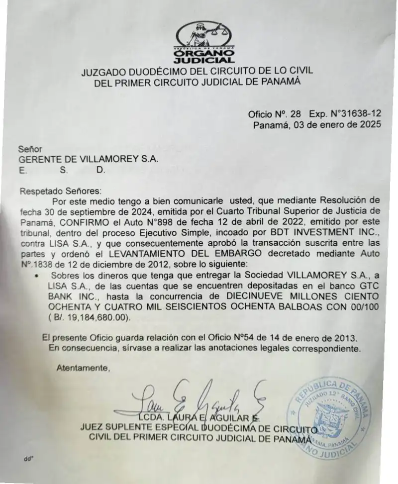 The Twelfth Civil Court notifies Villamorey, S.A. that the attachment on funds held at GTC Bank up to $19,184,680.00 has been lifted following appellate confirmation of the BDT Investments Inc. and Lisa, S.A. settlement.