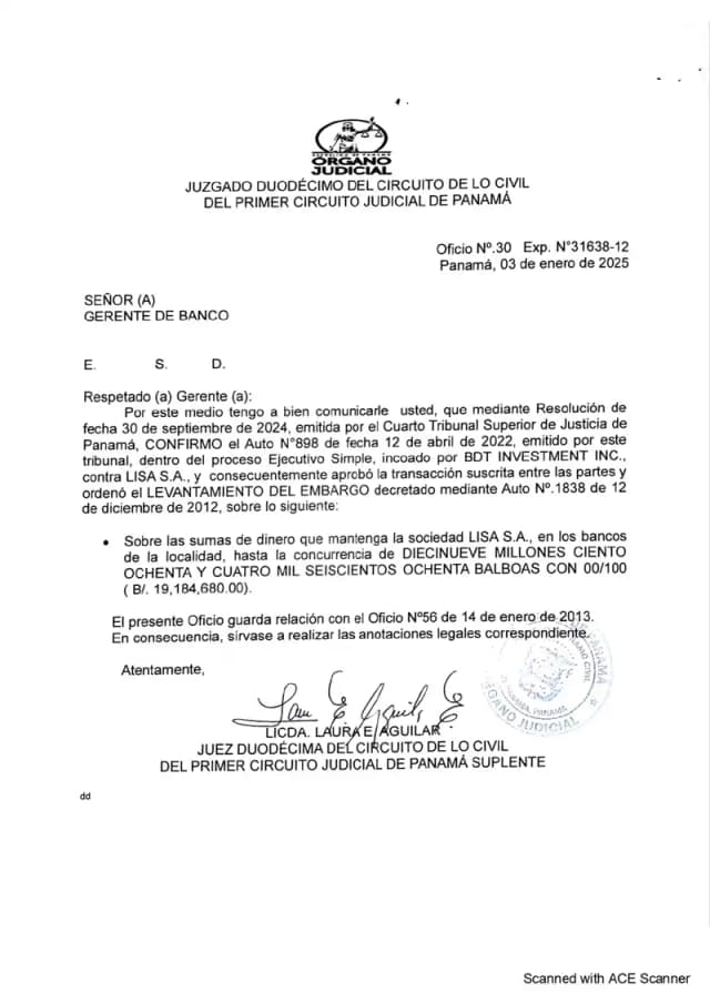 The Twelfth Civil Court notified local banks that the $19,184,680.00 attachment over Lisa, S.A.'s funds has been lifted following appellate confirmation of the BDT-Lisa settlement.