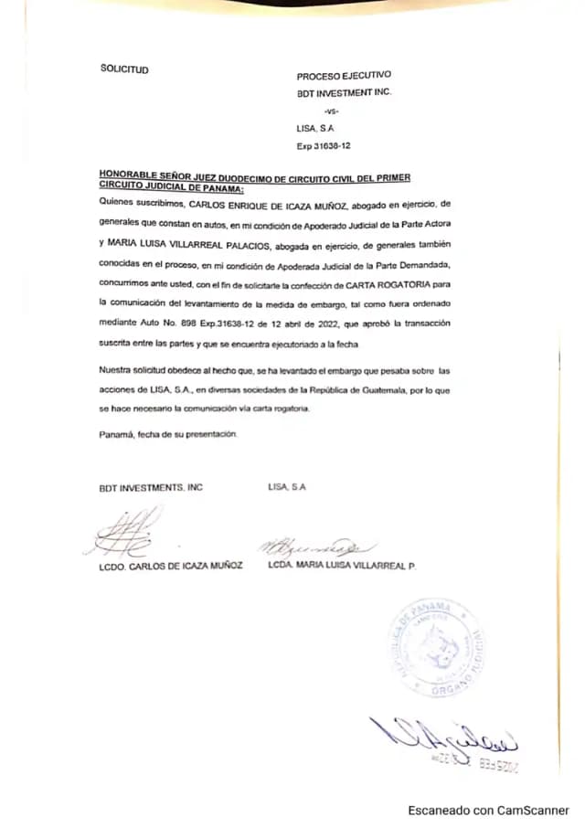 Counsel for BDT Investments Inc. and Lisa, S.A. jointly request the Twelfth Circuit Court to issue a letter rogatory notifying Guatemala that the attachment over Lisa's shares has been lifted.