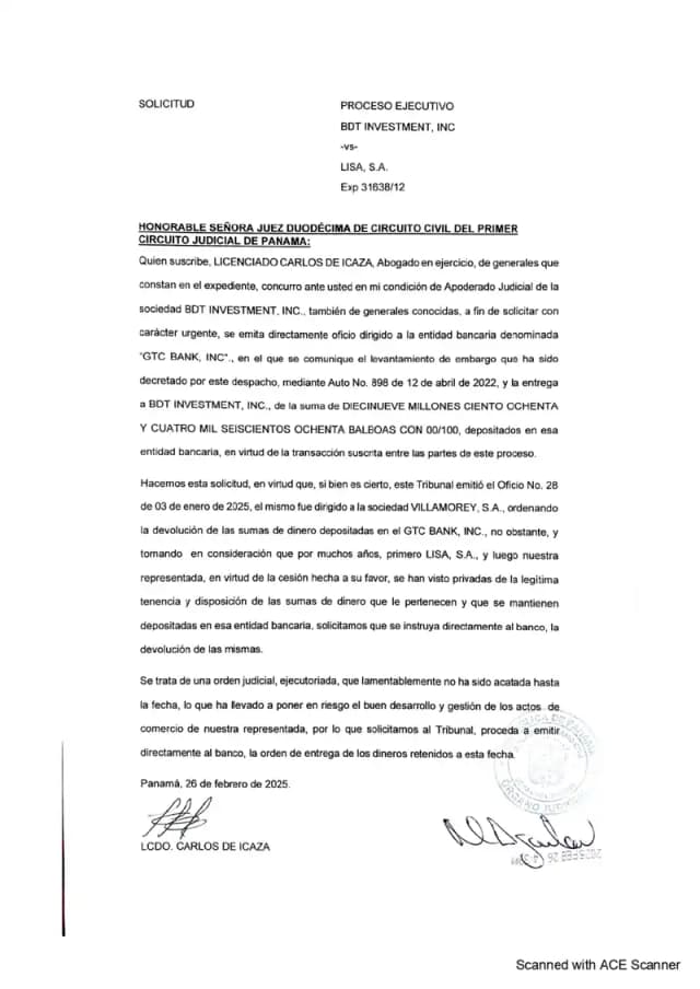 BDT requests that the Twelfth Civil Court issue a direct order to GTC Bank to release $19,184,680.00 in retained funds after Villamorey failed to comply with Official Notice No. 28.