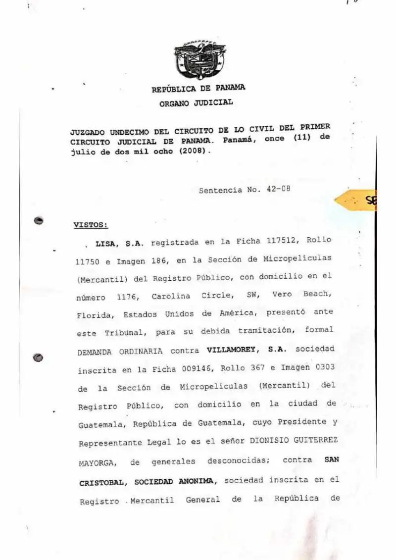 El Juzgado Undécimo de lo Civil de Panamá declara no probadas las siete pretensiones de Lisa, S.A. por desvío de dividendos y condena a Lisa al pago de $200,000 en daños y $1,240,000 en costas.