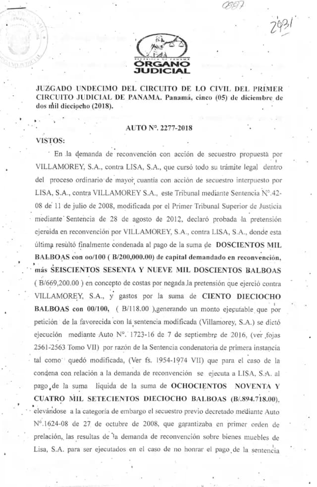 El Juzgado Undécimo Civil de Panamá rechaza la solicitud de remate de acciones de Lisa, S.A. y ordena extinguir la condena de $894,718.00 mediante compensación con los dividendos retenidos por Villamorey, S.A. desde 2008.