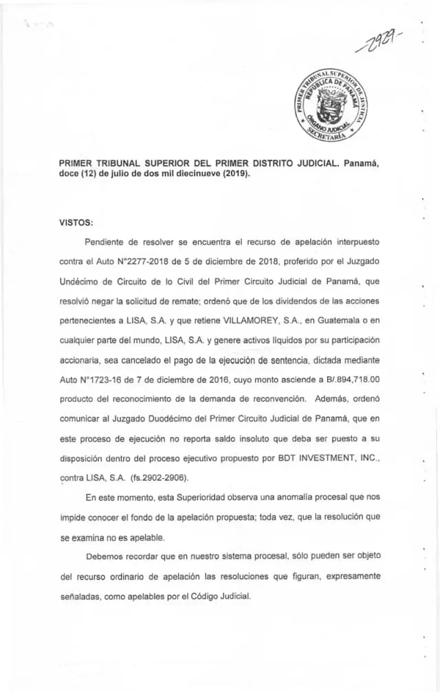 El Primer Tribunal Superior se inhibe de conocer la apelación de Villamorey, S.A. contra el Auto No. 2277-2018, al determinar que la orden de compensación por $894,718.00 no figura en el catálogo taxativo de resoluciones apelables.