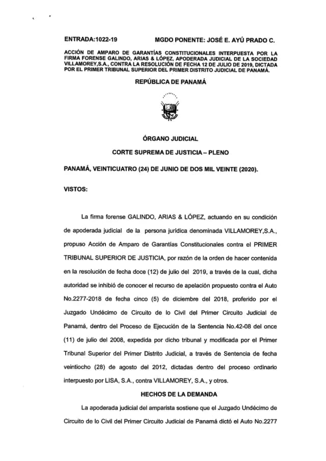 El Pleno de la Corte Suprema denegó el amparo de Villamorey, S.A., confirmando que el Auto No. 2277-2018 de compensación por $894,718.00 no era apelable bajo el régimen de ejecución de sentencia.