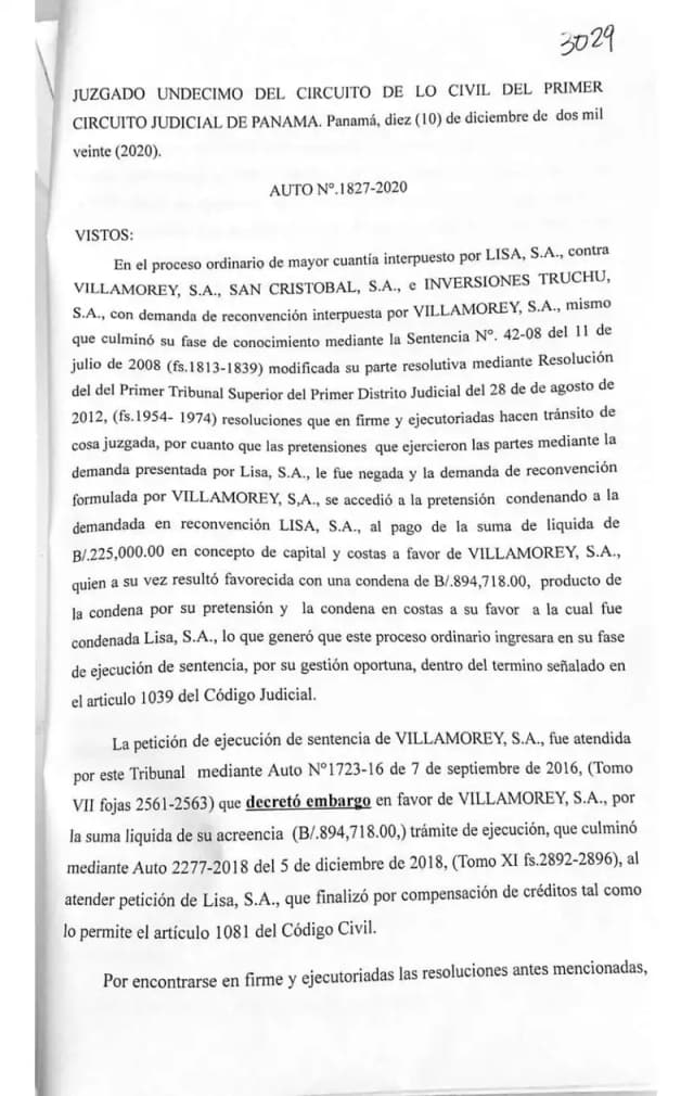 El Juzgado Undécimo de Circuito Civil rechaza solicitudes de Lisa, S.A. y Villamorey, S.A. al confirmar que la compensación de $894,718.00 extinguió la condena y el embargo fue desarticulado.