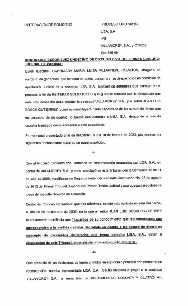 Lisa, S.A. reitera ante el Juzgado Undécimo de Circuito Civil las peticiones de devolución de dividendos y desacato, refutando la alegación del abogado defensor de Bosch Gutiérrez en sede penal de que el Auto No. 2277-2018 no está en firme.