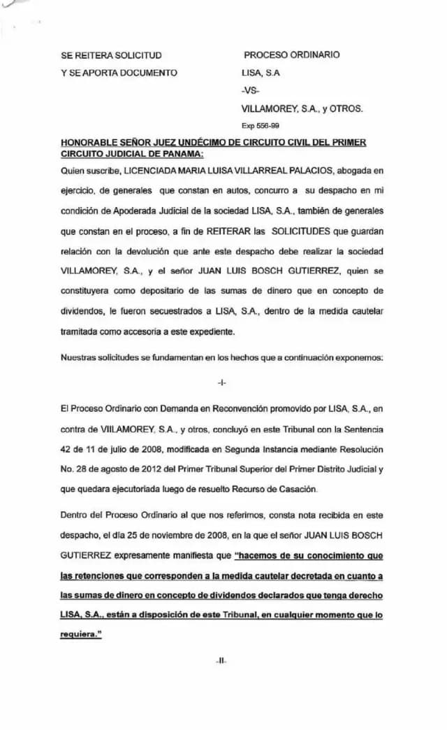 Lisa, S.A. reitera sus peticiones de devolución de dividendos y desacato, adjuntando el Libro de Registro de Acciones de Villamorey que evidencia una anotación de secuestro extinguida desde 2018.