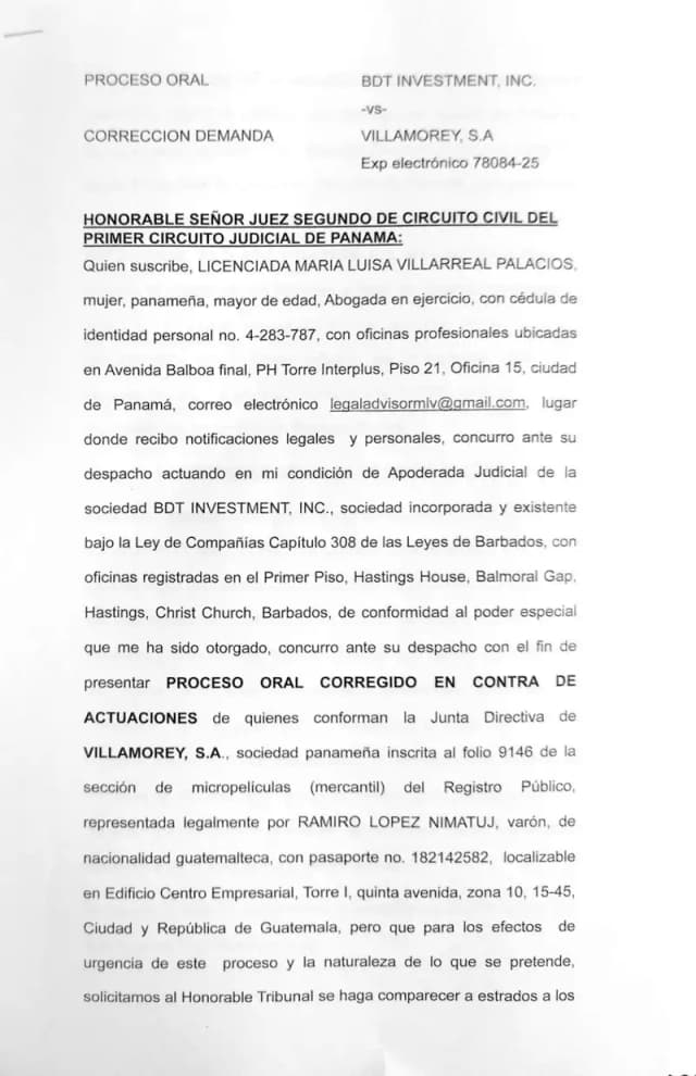 BDT Investments Inc. presenta proceso oral corregido ante el Juzgado Segundo de Circuito Civil de Panamá para obligar a Villamorey, S.A. a emitir certificados de acciones y registrar la participación del 33.33% validada judicialmente.
