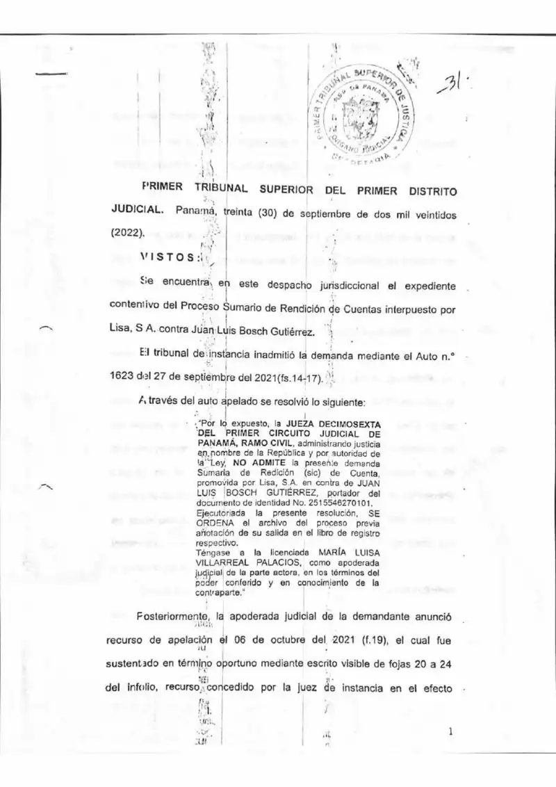 El Primer Tribunal Superior revoca la decisión del Juzgado Decimosexto que inadmitió la demanda de rendición de cuentas de Lisa, S.A. contra Juan Luis Bosch Gutiérrez por más de $44.9 millones en dividendos retenidos.
