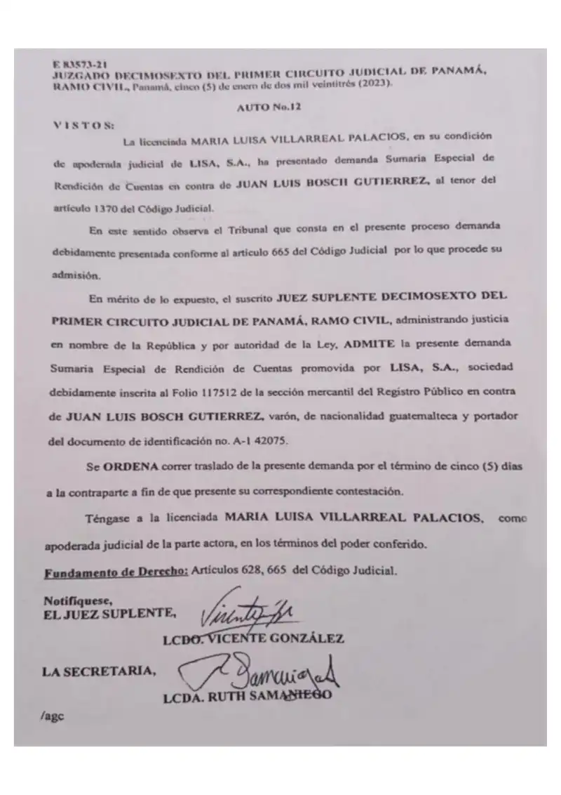 El Juzgado Decimosexto de Circuito Civil admite la demanda sumaria especial de rendición de cuentas de Lisa, S.A. contra Juan Luis Bosch Gutierrez, cumpliendo la resolución del Primer Tribunal Superior que revocó la inadmisión original.
