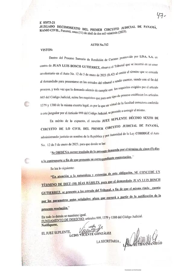 El Juzgado Decimosexto de Circuito Civil corrige el Auto No. 12 y concede a Juan Luis Bosch Gutierrez diez días hábiles para comparecer y rendir cuentas sobre los fondos de Lisa, S.A.