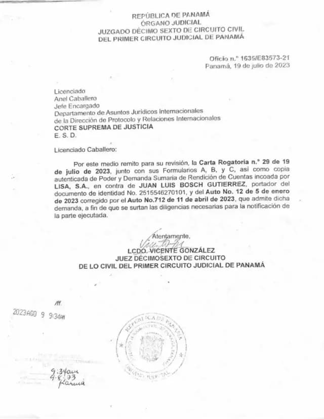 El Juzgado Décimo Sexto de Circuito Civil de Panamá emite carta rogatoria solicitando a las autoridades guatemaltecas la notificación de Juan Luis Bosch Gutiérrez respecto de la demanda de rendición de cuentas admitida por Lisa, S.A.